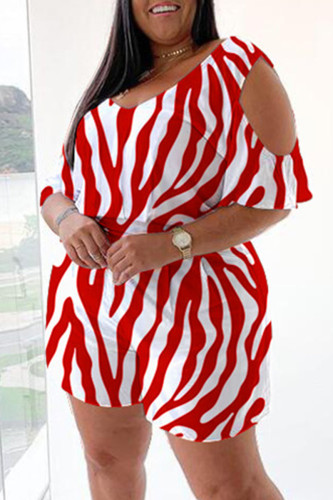 Red Fashion Casual Striped Print Hollowed Out V Neck Regular Jumpsuits