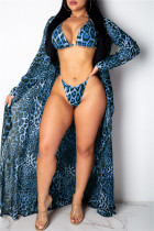 Синий модный сексуальный леопардовый базовый купальник из трех предметов (с прокладками)