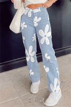 Baby Blue Fashion Casual Floral Print Basic High Waist Regular Denim Jeans