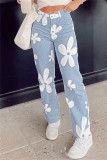 Mittelblaue, modische, lässige, bedruckte Basic-Denim-Jeans mit hoher Taille
