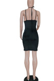 黒のセクシーなプリント中空パッチワーク スパゲッティ ストラップ ペンシル スカート ドレス