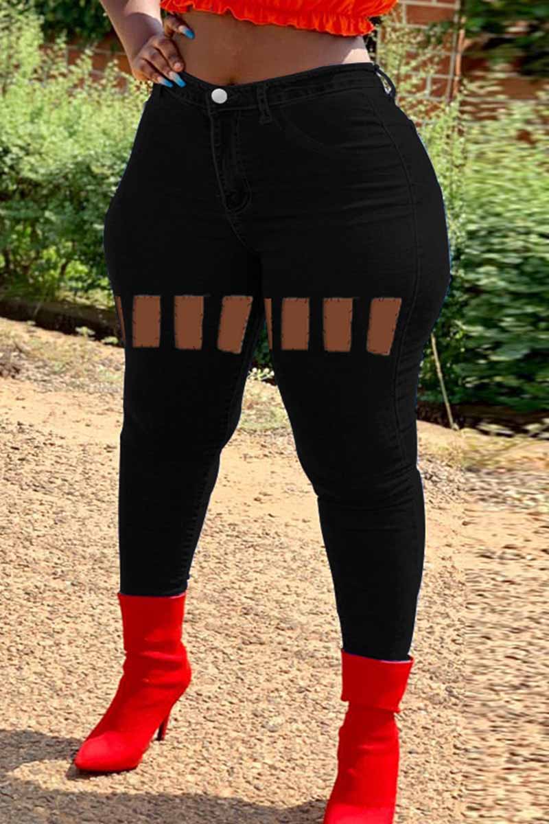 

Black Fashion Casual Solid Ripped Plus Size Jeans