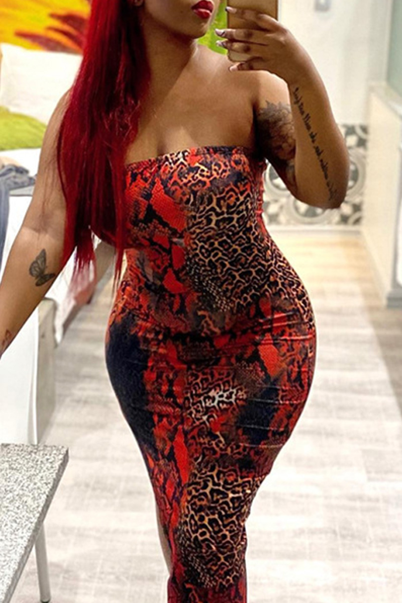 

Red Sexy Casual Print Backless Strapless Plus Size Dresses