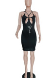 黒のセクシーなプリント中空パッチワーク スパゲッティ ストラップ ペンシル スカート ドレス