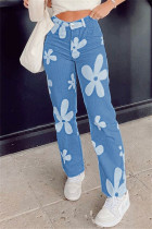 Medium Blue Fashion Casual Floral Print Basic High Waist Regular Denim Jeans