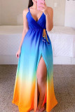 Vestido azul doce elegante estampado patchwork alça espaguete vestido tipo estilingue