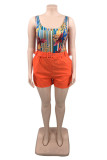 Orange Fashion Casual Print Rückenfreier U-Ausschnitt Plus Size Zweiteiler