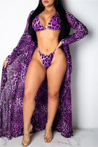 Фиолетовый модный сексуальный леопардовый базовый купальник из трех частей (с прокладками)