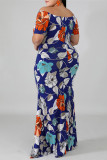 Blue Fashion Casual Plus Size Print Backless Off the Shoulder Long Dress
