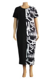 黒と白のファッションカジュアルプリントパッチワークOネックプラスサイズドレス