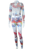 White Sexy Print Patchwork See-through O Neck Long Sleeve Two Pieces