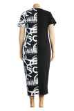 Vestidos de talla grande con cuello en O de patchwork con estampado informal de moda en blanco y negro