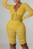 Yellow Sexy Solid Patchwork See-through Zipper V Neck Skinny Rompers