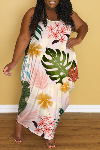 Pink Fashion Casual Plus Size Print Backless Spaghetti Strap Long Dress