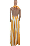 Желтые повседневные платья в полоску с принтом в стиле пэчворк и открытой спиной через шею