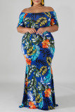 Blauwe mode casual plus size print backless off-shoulder lange jurk