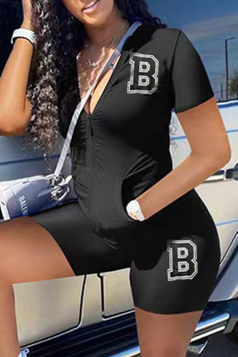 

Black Fashion Casual Letter Print Basic Zipper Collar Short Sleeve Two Pieces