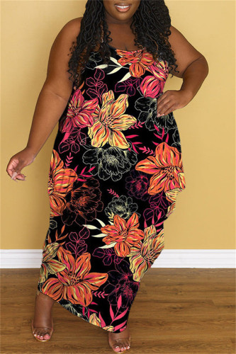 Black Fashion Casual Plus Size Print Backless Spaghetti Strap Long Dress