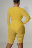 Yellow Sexy Solid Patchwork See-through Zipper V Neck Skinny Rompers