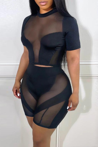 Noir Sexy Solide Mesh O Cou Manches Courtes Deux Pièces