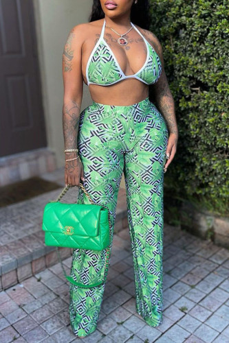 Leaf Print Sexy Street Print Patchwork Halter Sleeveless Two Pieces