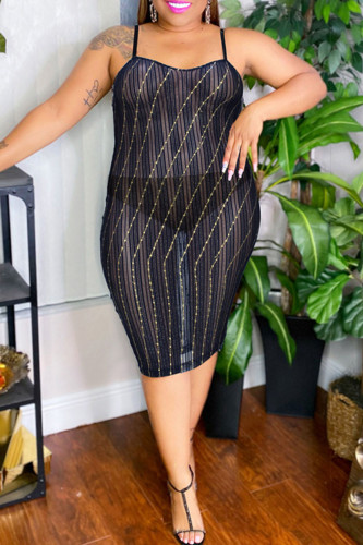 Tibetan Blue Sexy Bronzing Patchwork See-through Spaghetti Strap Straight Plus Size Dresses