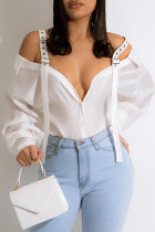 White Fashion Casual Solid Split Joint Shirt Collar Tops