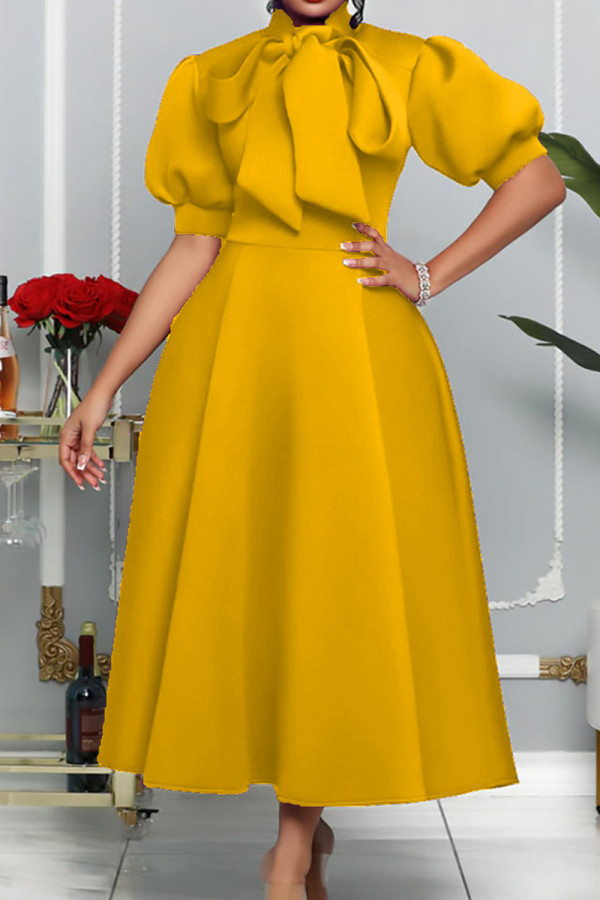 黄色のエレガントなソリッド包帯パッチワークOネックイブニングドレスドレス