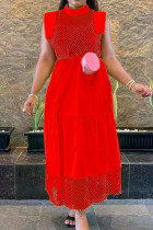 Röd sexig solid urholkad lapptäcke Genomskinlig O-hals raka klänningar