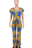 Yellow Sexy Print Patchwork Backless V Neck Straight Jumpsuits