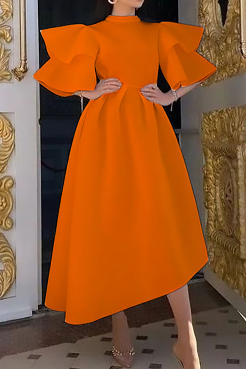 

Tangerine Red Casual Elegant Solid Split Joint Flounce Half A Turtleneck Evening Dress Dresses