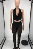 Black Fashion Sexy Solid Bandage See-through Backless Halter Sleeveless Two Pieces
