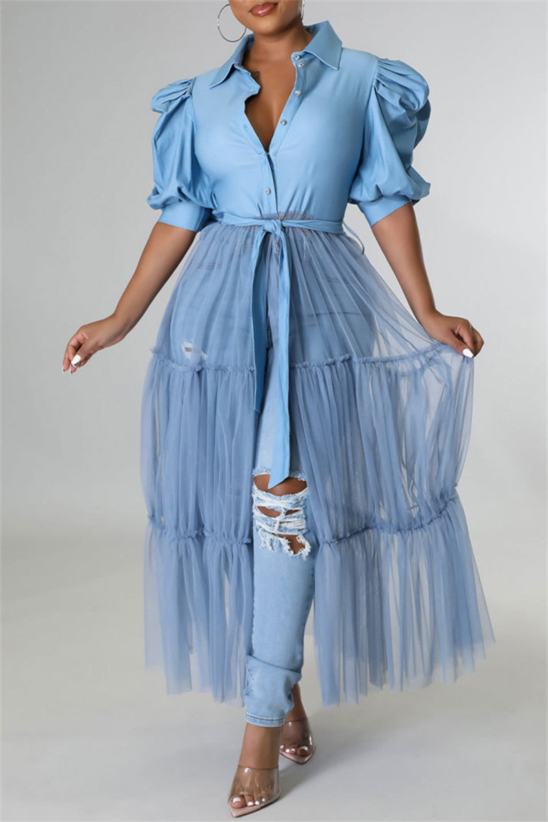 

Blue Fashion Casual Solid Split Joint Mesh Turndown Collar Shirt Dress