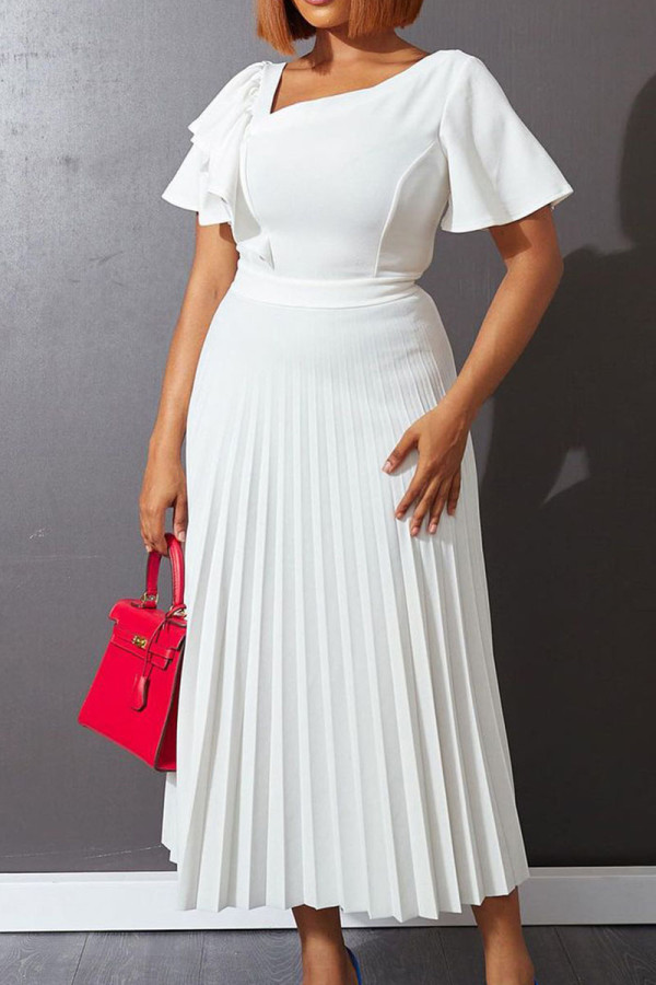 ホワイト カジュアル ソリッド パッチワーク フラウンス フォールド 非対称カラー ストレート ドレス