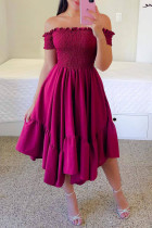 Burgundy Casual Sweet Solid Patchwork Flounce Fold Asymmetrical Off the Shoulder A Line Dresses