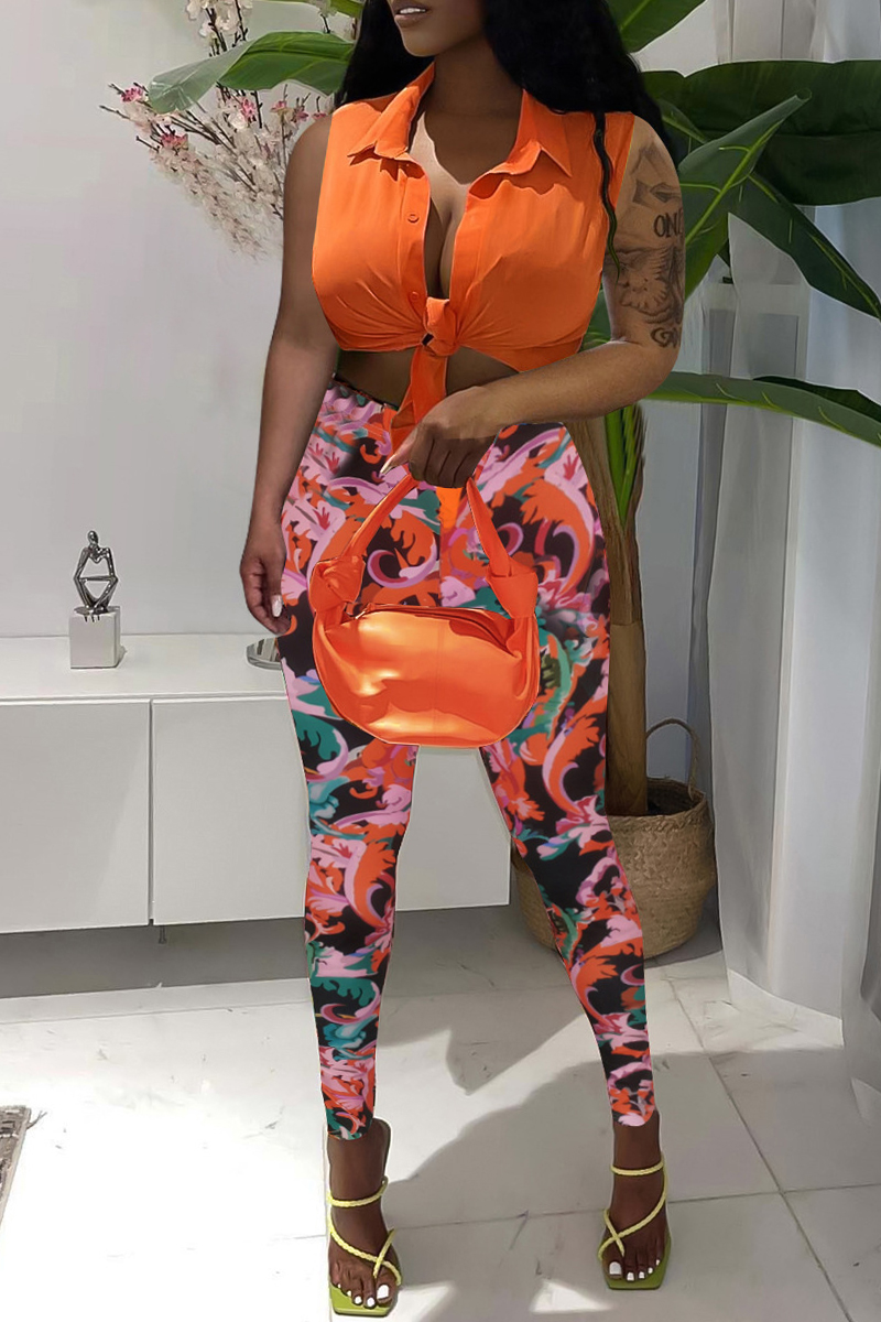 

Orange Fashion Casual Print Basic Turndown Collar Sleeveless Two Pieces