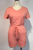 Pink Casual Solid Patchwork V Neck Short Sleeve Two Pieces