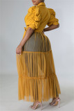 Robe chemise à col rabattu en maille patchwork décontracté à la mode jaune