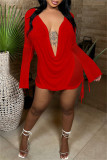 Red Fashion Sexy Solid See-through Backless V Neck Long Sleeve Two Pieces