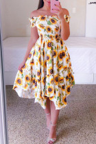 Yellow Casual Sweet Print Patchwork Fold Asymmetrical Off the Shoulder Irregular Dress Dresses