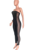 Black Sexy Solid Bandage Patchwork See-through Strapless Regular Jumpsuits