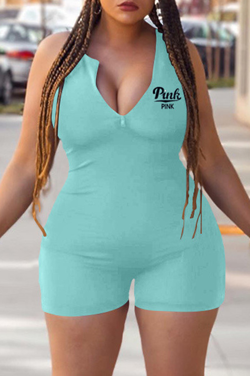 

Water Blue Fashion Casual Letter Print Basic Zipper Collar Skinny Romper