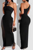 Zwarte mode sexy effen uitgeholde patchwork backless lange jurk met één schouder