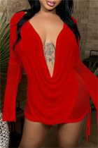 Red Fashion Sexy Solid See-Through Backless V-образным вырезом с длинным рукавом из двух частей
