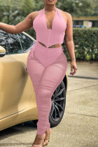 ピンクのファッションセクシーなソリッド包帯シースルーバックレスホルターノースリーブツーピース