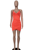 Tangerine Red Sexy Solid Patchwork Asymmetrical Spaghetti Strap Sling Dress Dresses
