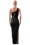 Черное модное сексуальное однотонное лоскутное платье с открытой спиной на одно плечо и длинное платье