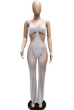 White Fashion Sexy Solid See-through Backless Spaghetti Strap Skinny Jumpsuits