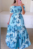 Blaue, lässige, süße Patchwork-Kleider mit schulterfreiem Print und bedrucktem Kleid