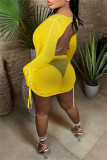 Желтые Модные Сексуальные Твердые Прозрачные Две Части С Открытой Спиной и V-образным Вырезом С Длинным Рукавом